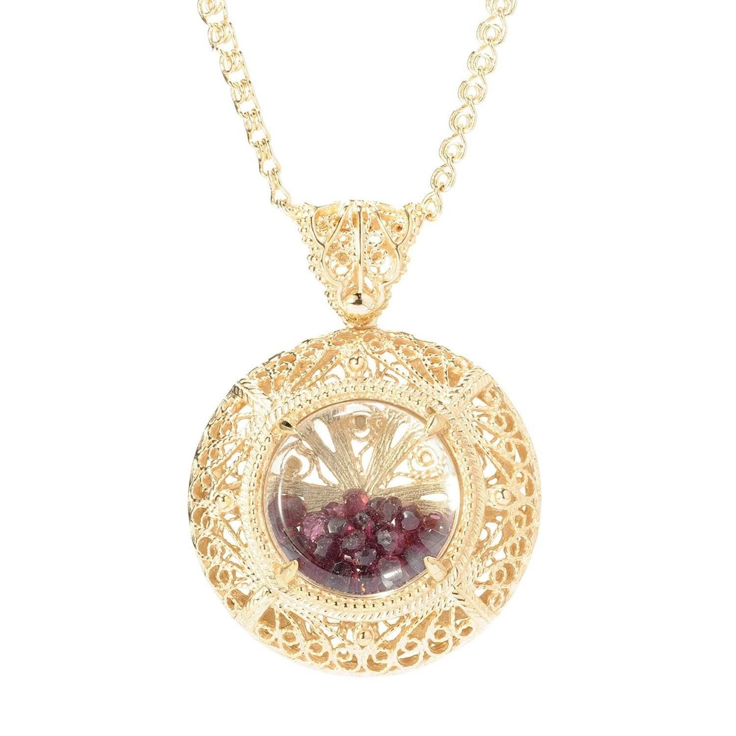 Filigree Locket Shaker Pendant with Floating Gemstones – 36 in. Love Link Chain - TurkishBling