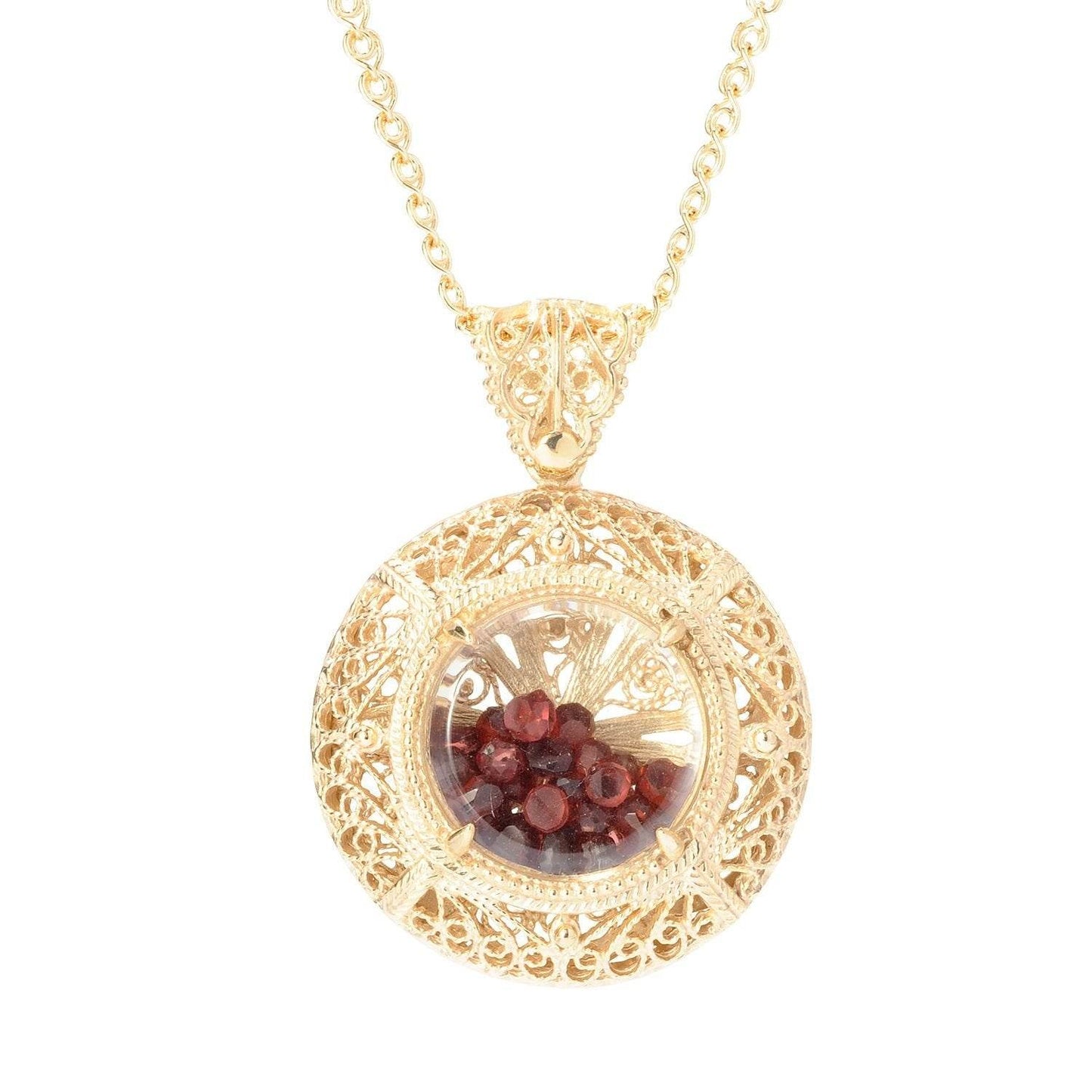 Filigree Locket Shaker Pendant with Floating Gemstones – 36 in. Love Link Chain - TurkishBling