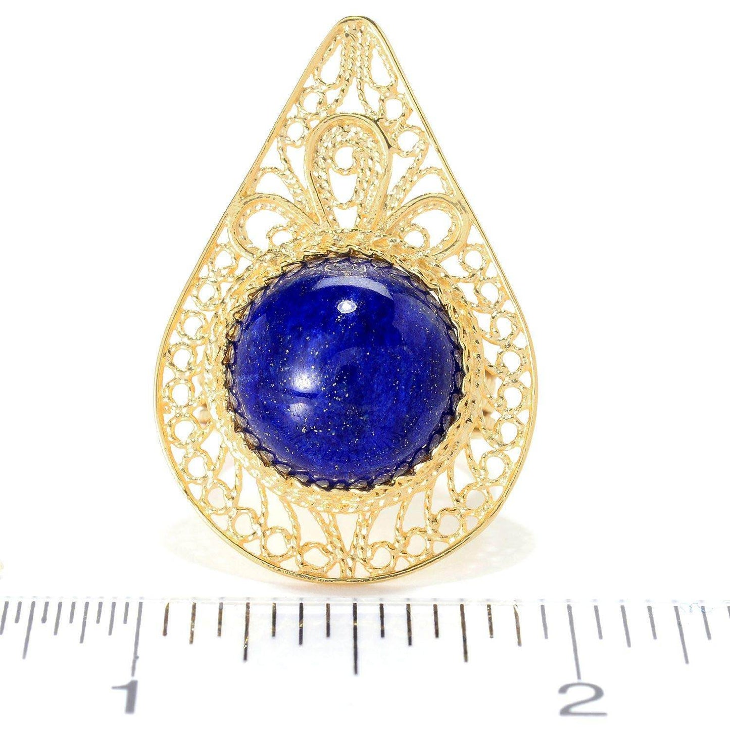 Statement size 14mm Round Lapis Cabochon Pear Shaped Filigree Ring - TurkishBling