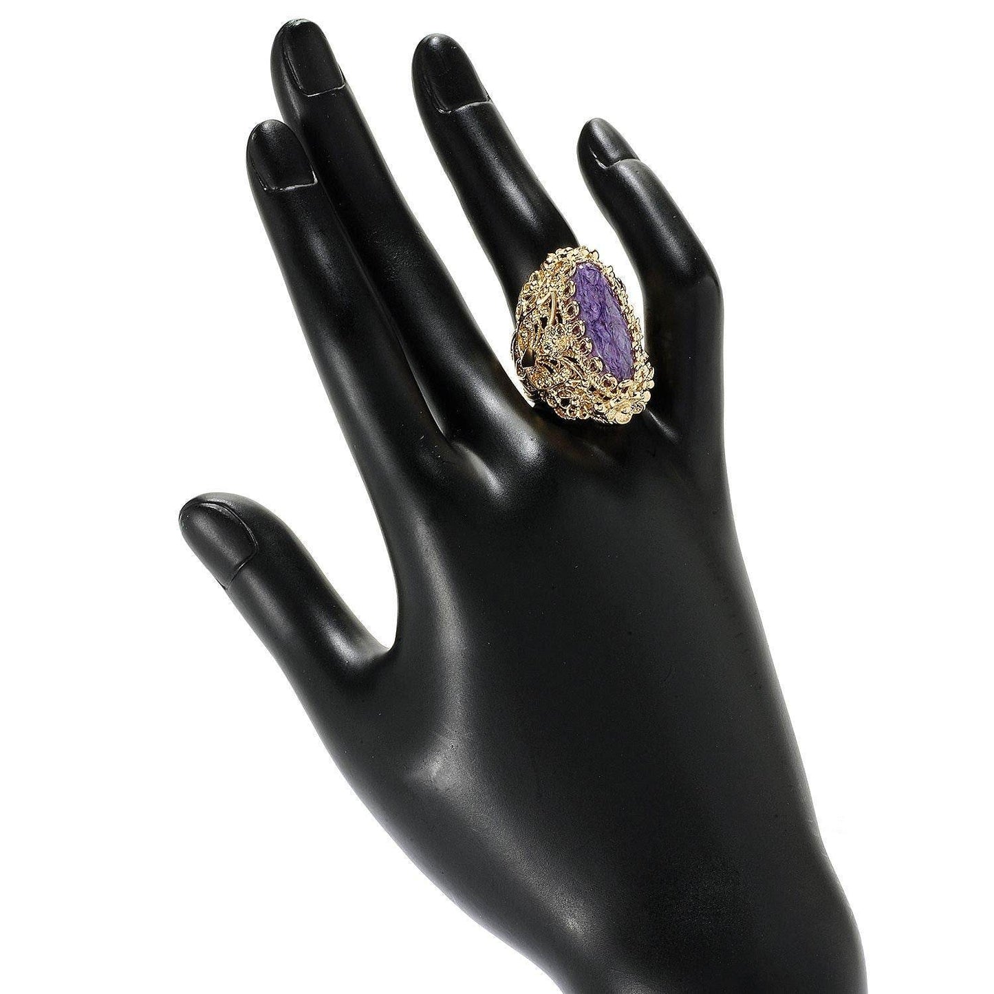 18K Gold Plated 22 x 8mm Charoite Filigree Ring - TurkishBling