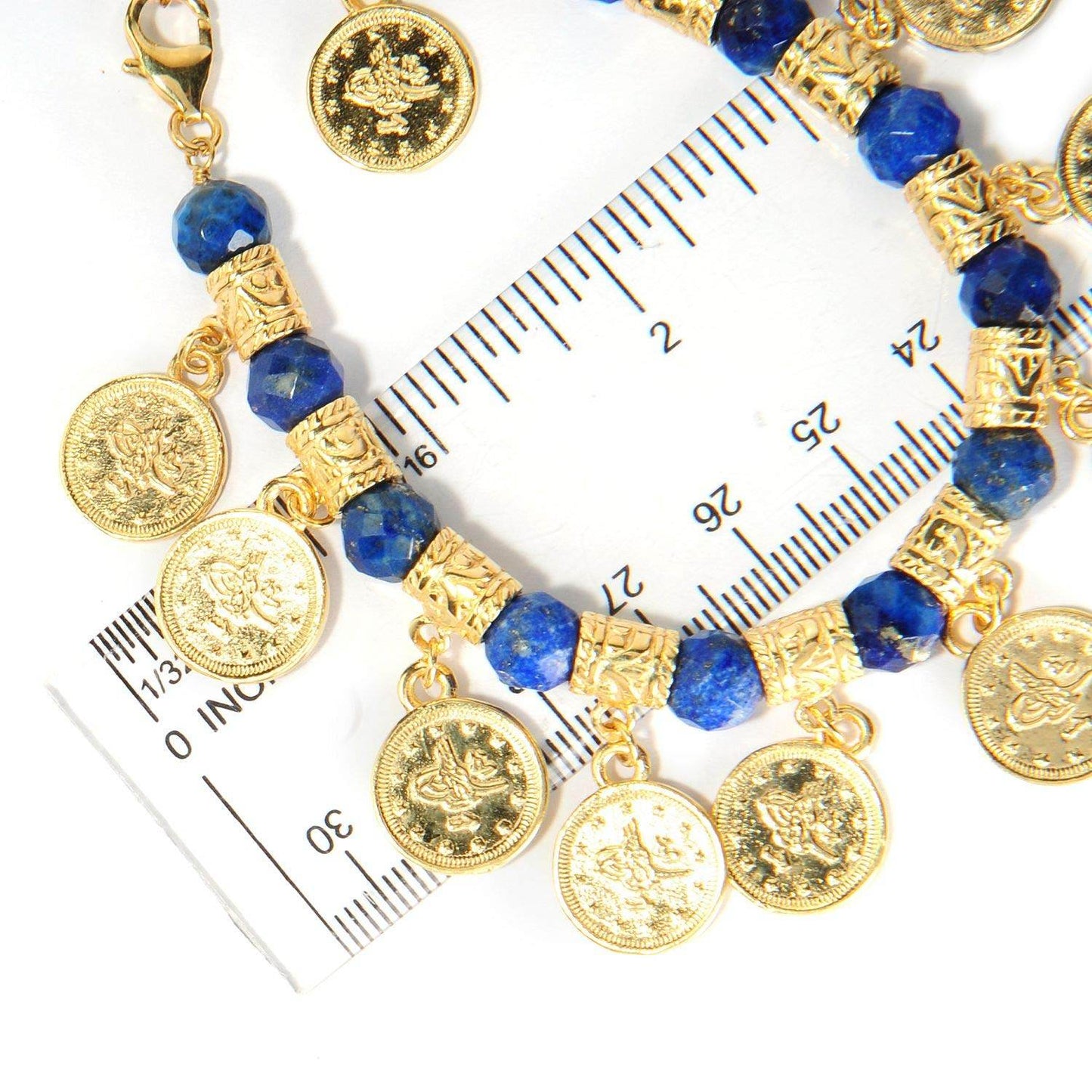 Ottoman Coin and Genuine Gemstone Turquoise Lapis Amethyst Malachite Carnelian White Agate Charm Bracelet - TurkishBling