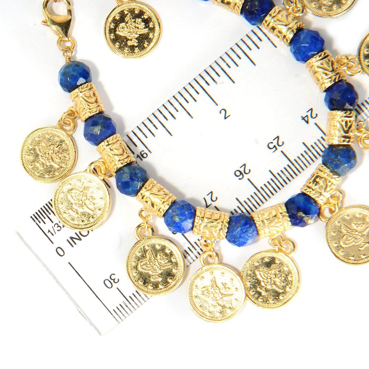 Ottoman Coin and Genuine Gemstone Turquoise Lapis Amethyst Malachite Carnelian White Agate Charm Bracelet - TurkishBling