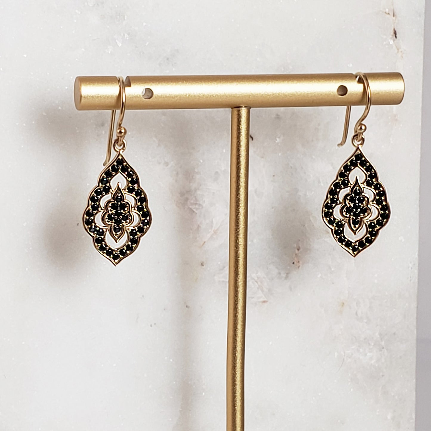Elegant Black Spinel Turkish Drop Earrings Gold Plated Bronze with Elegant Design