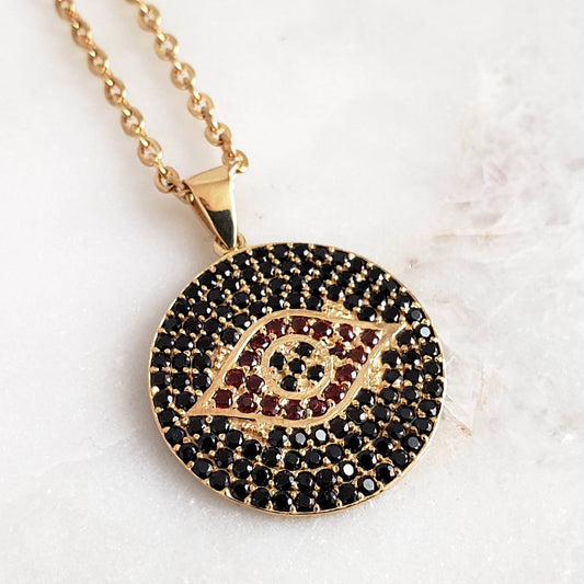 Gold over Bronze Protective Evil Eye Medallion Gemstone Pendant Necklace - TurkishBling