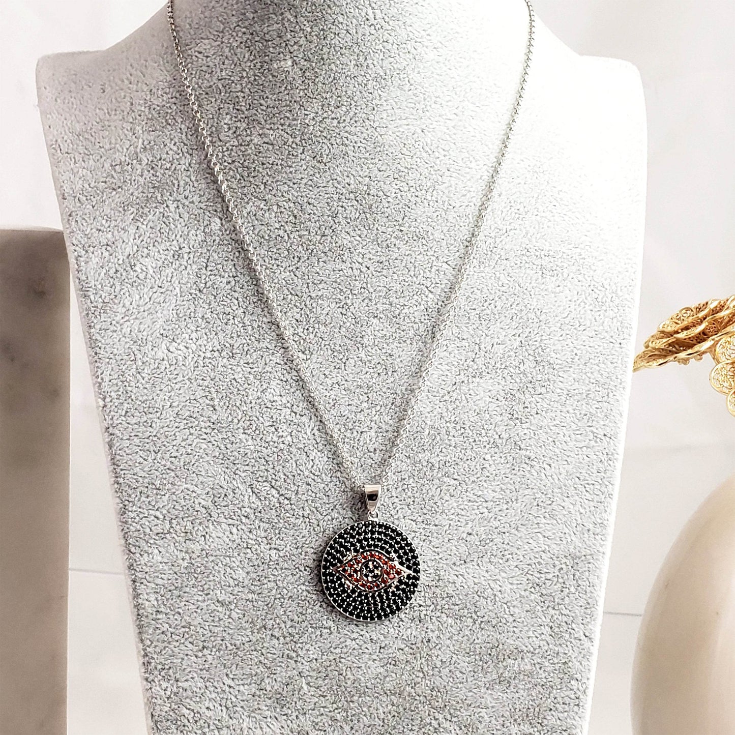 Gold over Bronze Protective Evil Eye Medallion Gemstone Pendant Necklace - TurkishBling