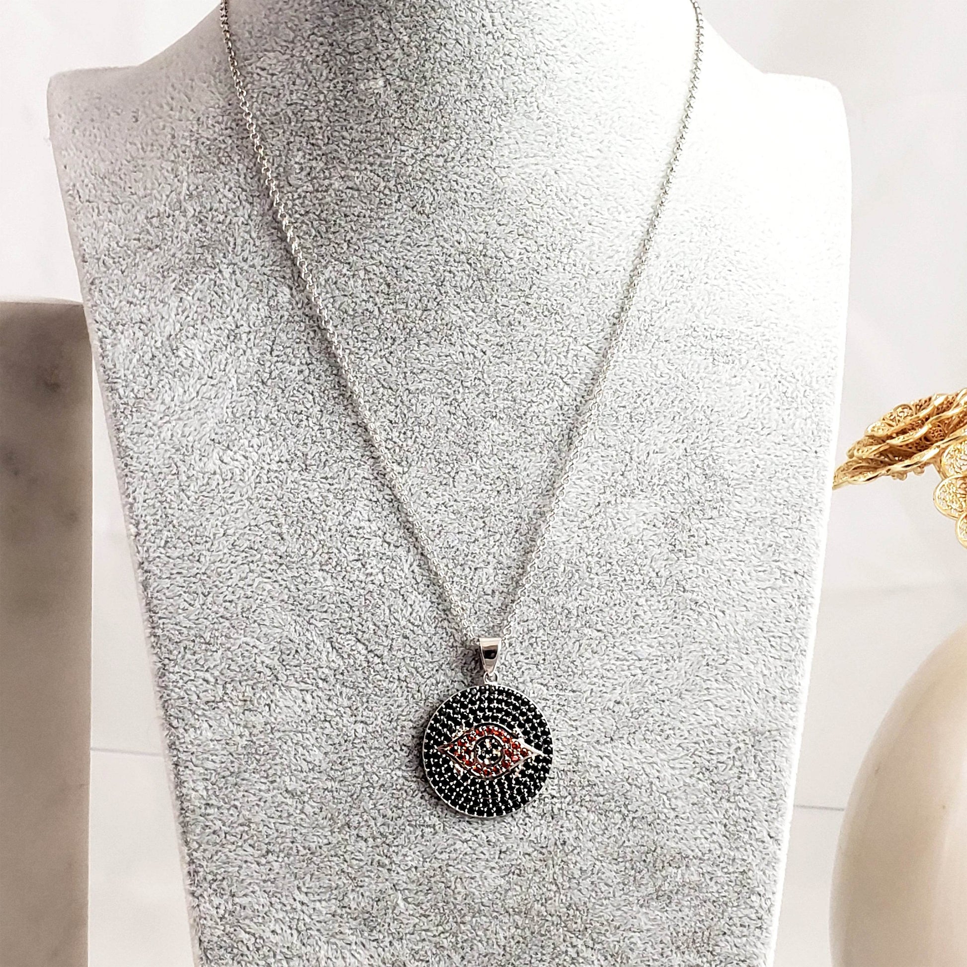 Gold over Bronze Protective Evil Eye Medallion Gemstone Pendant Necklace - TurkishBling