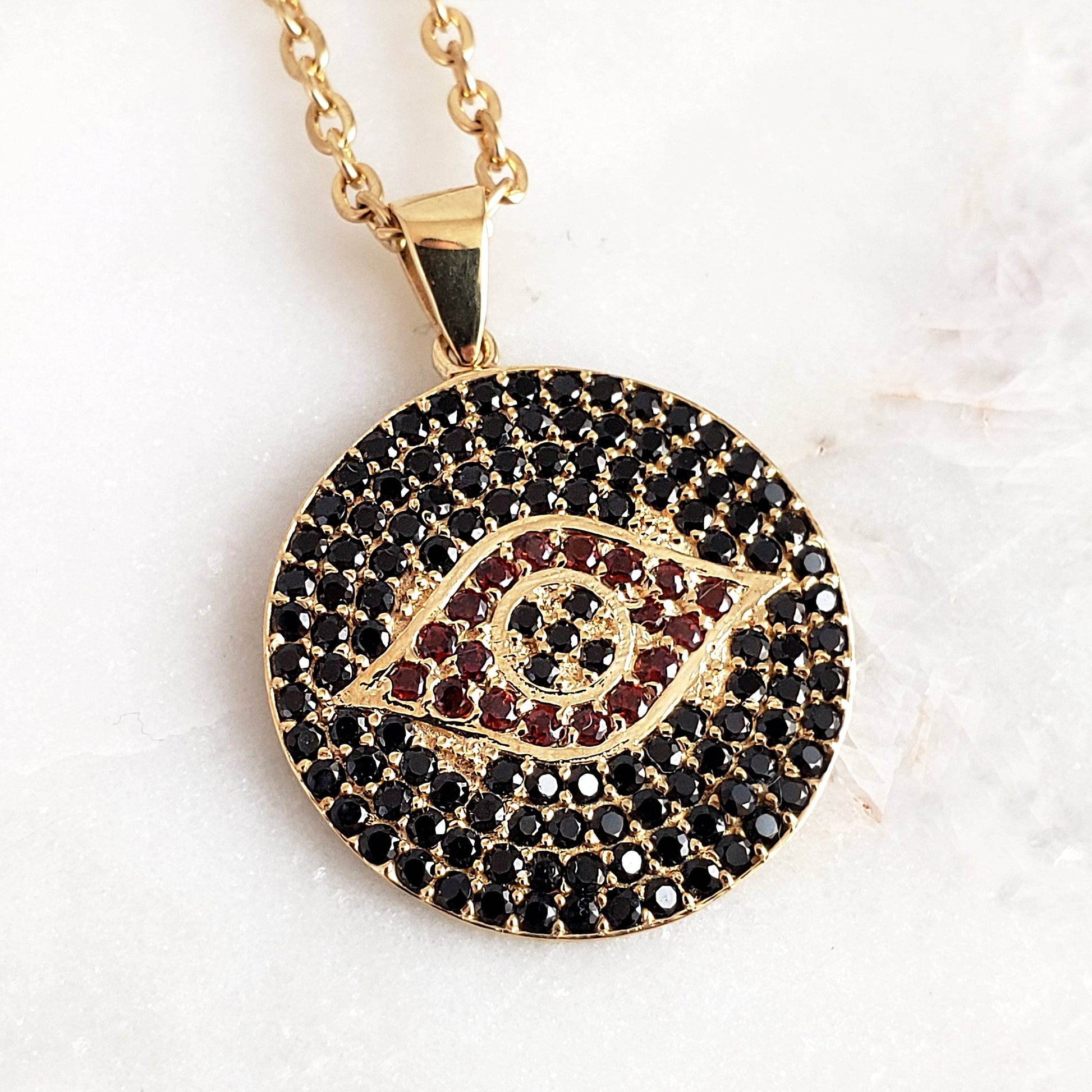 Gold over Bronze Protective Evil Eye Medallion Gemstone Pendant Necklace - TurkishBling