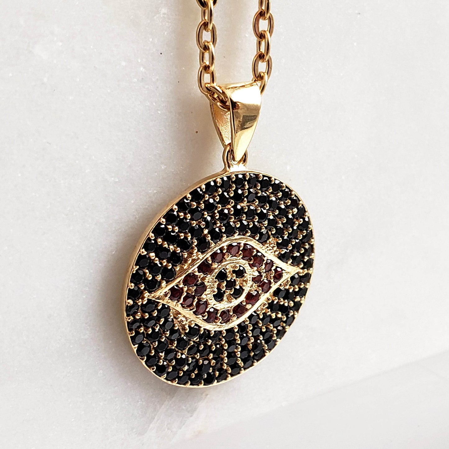 Gold over Bronze Protective Evil Eye Medallion Gemstone Pendant Necklace - TurkishBling