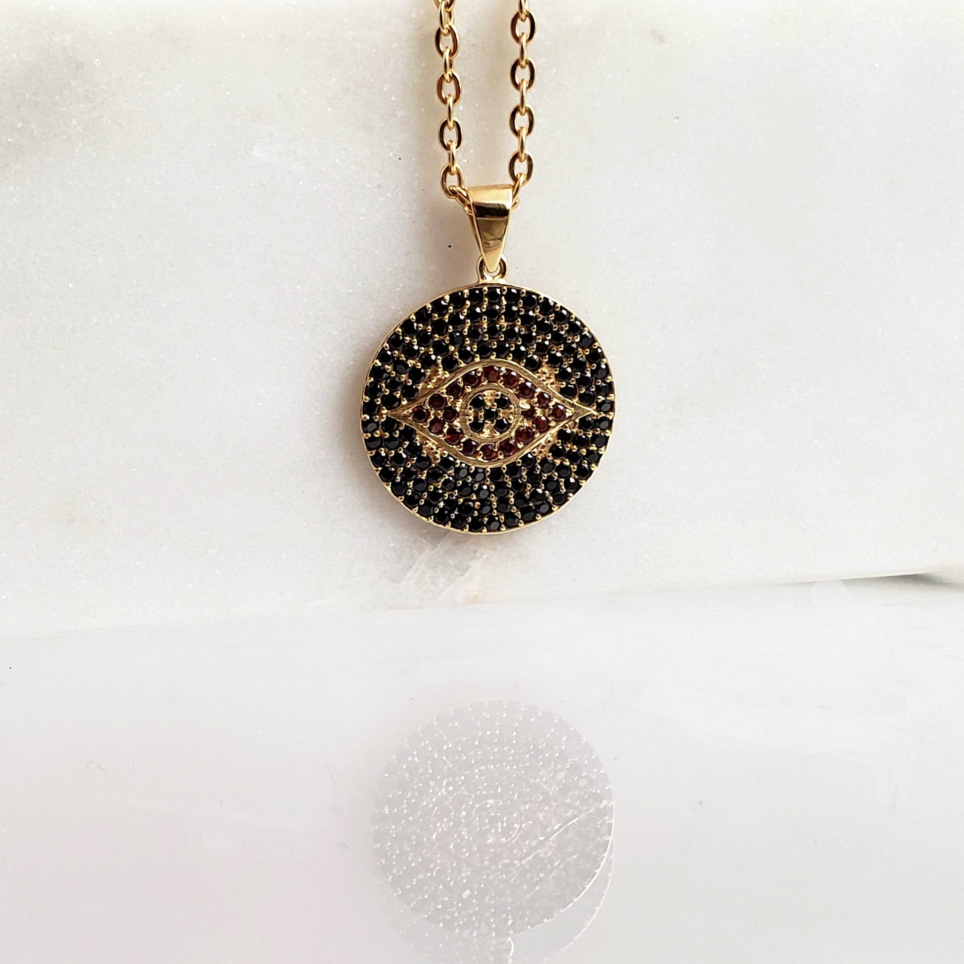 Gold over Bronze Protective Evil Eye Medallion Gemstone Pendant Necklace - TurkishBling