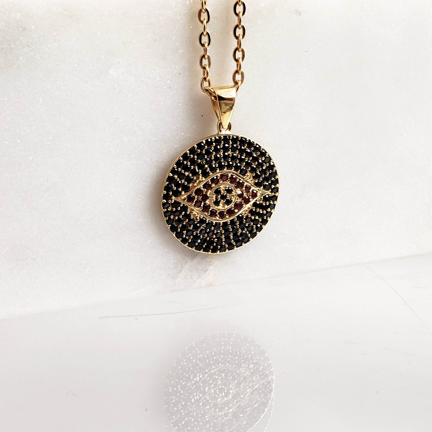 Gold over Bronze Protective Evil Eye Medallion Gemstone Pendant Necklace - TurkishBling