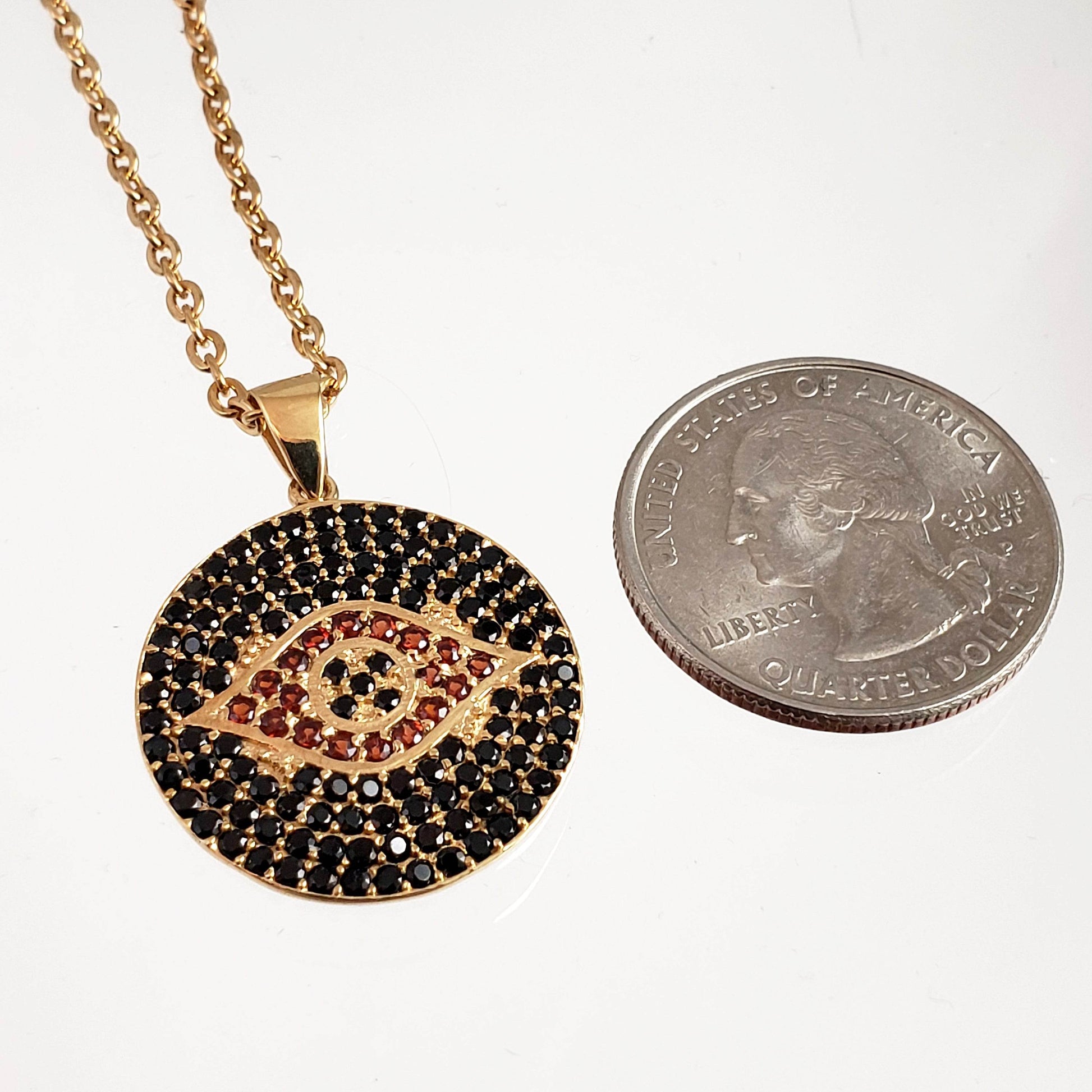Gold over Bronze Protective Evil Eye Medallion Gemstone Pendant Necklace - TurkishBling