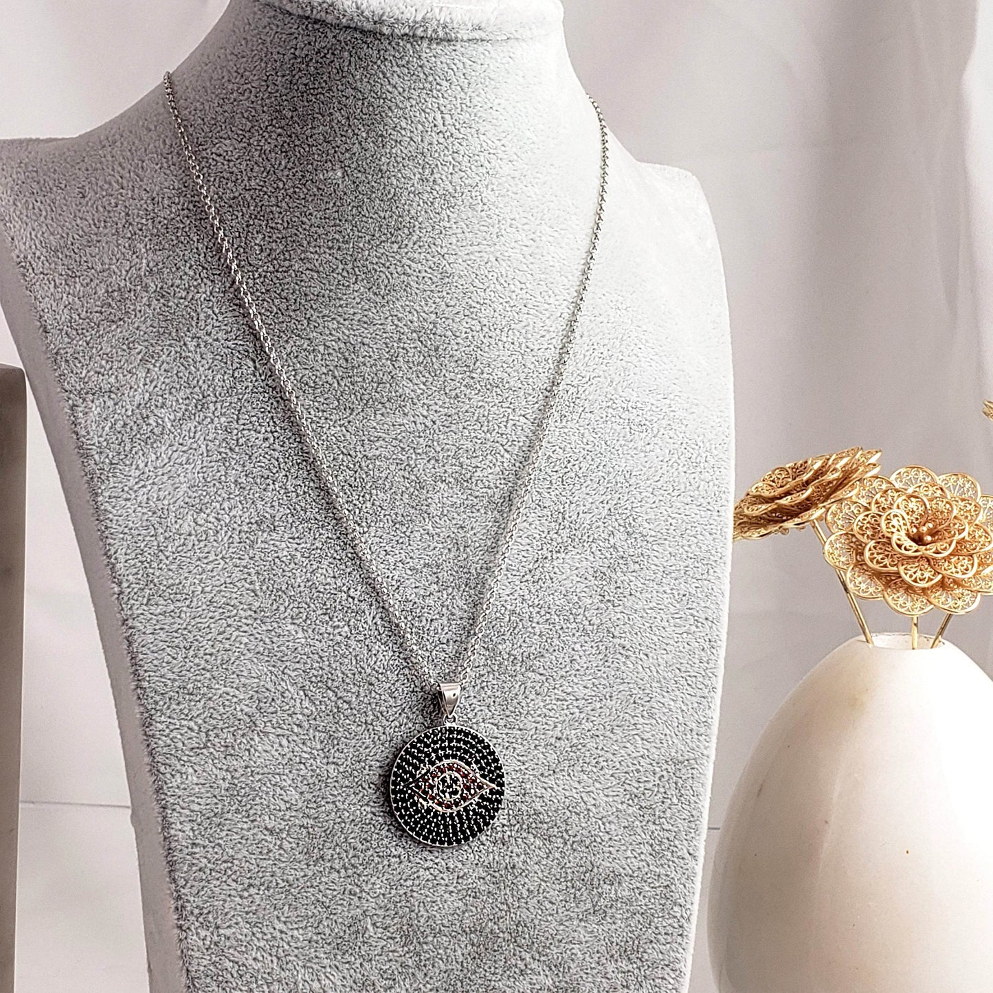 Sterling Silver Protective Evil Eye Medallion Gemstone Pendant Necklace - TurkishBling