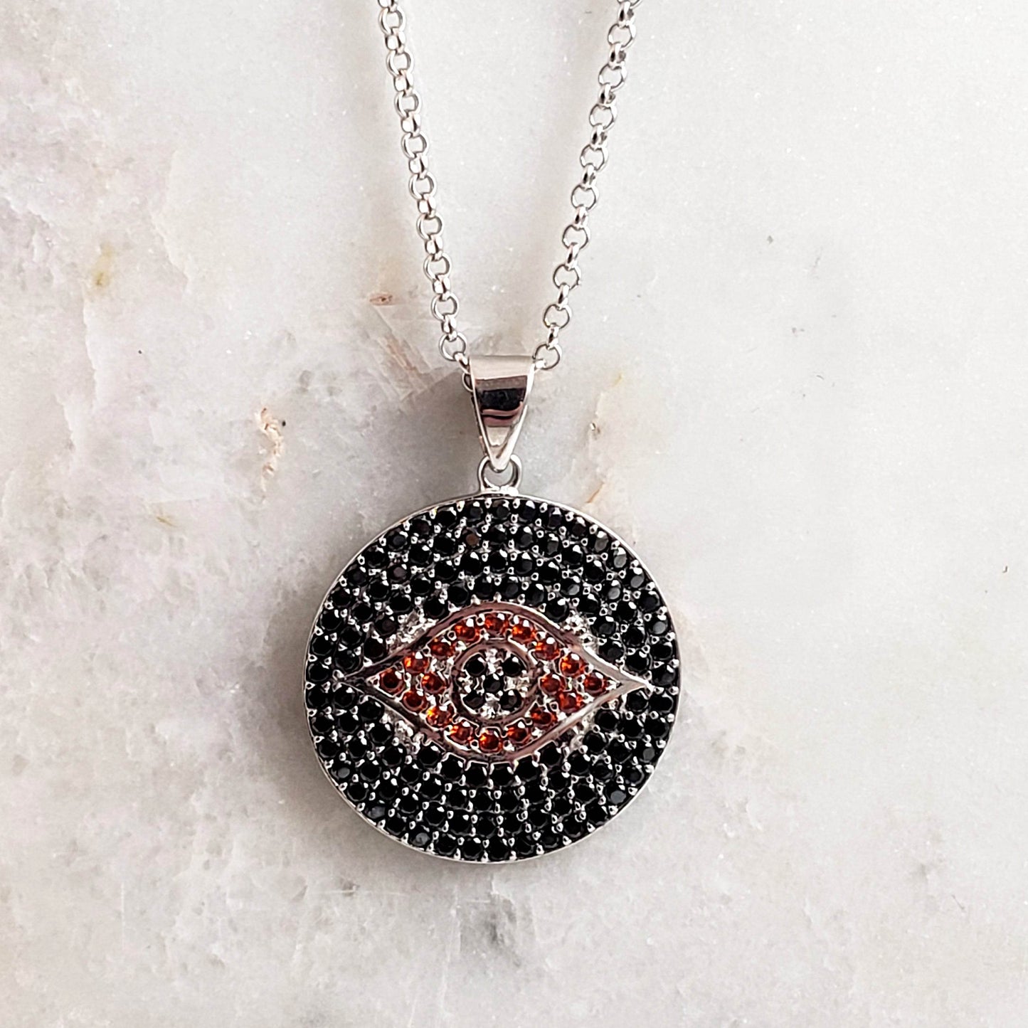 Sterling Silver Protective Evil Eye Medallion Gemstone Pendant Necklace - TurkishBling
