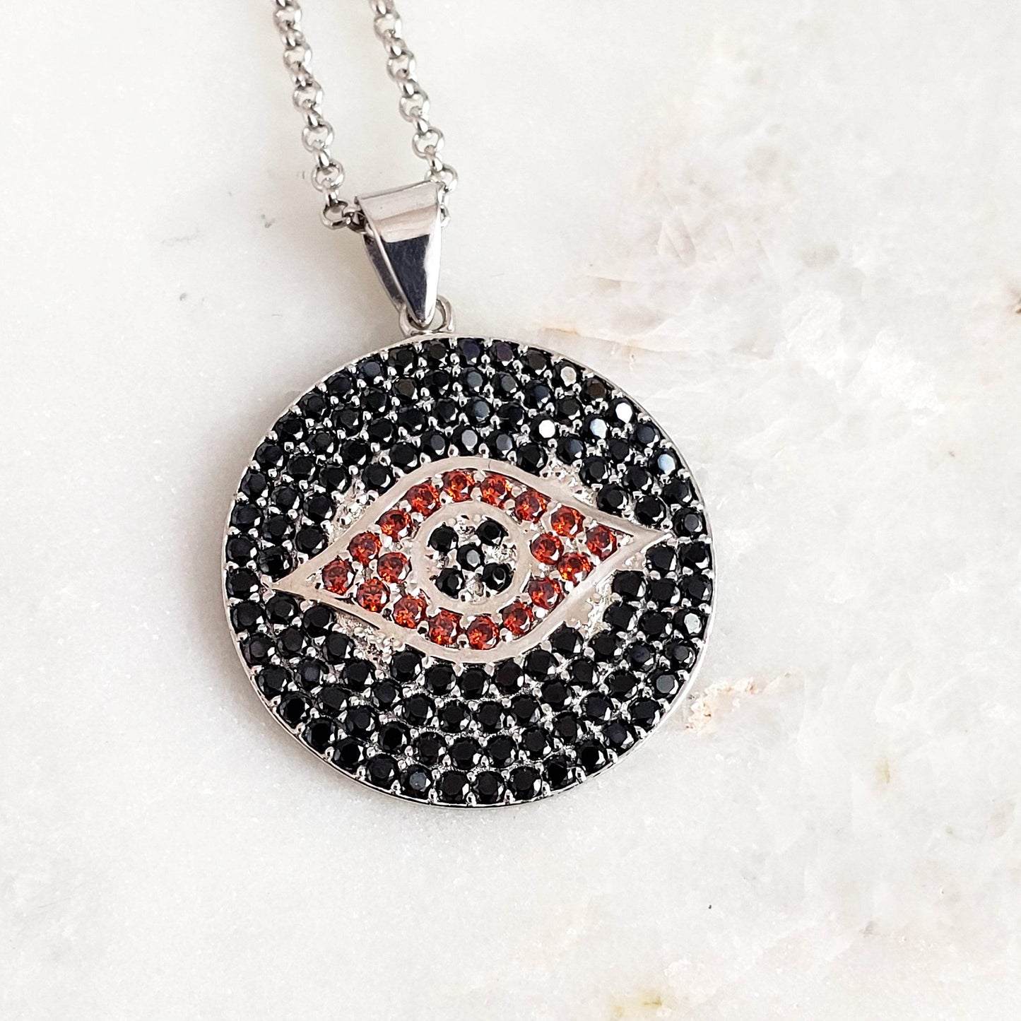 Sterling Silver Protective Evil Eye Medallion Gemstone Pendant Necklace - TurkishBling