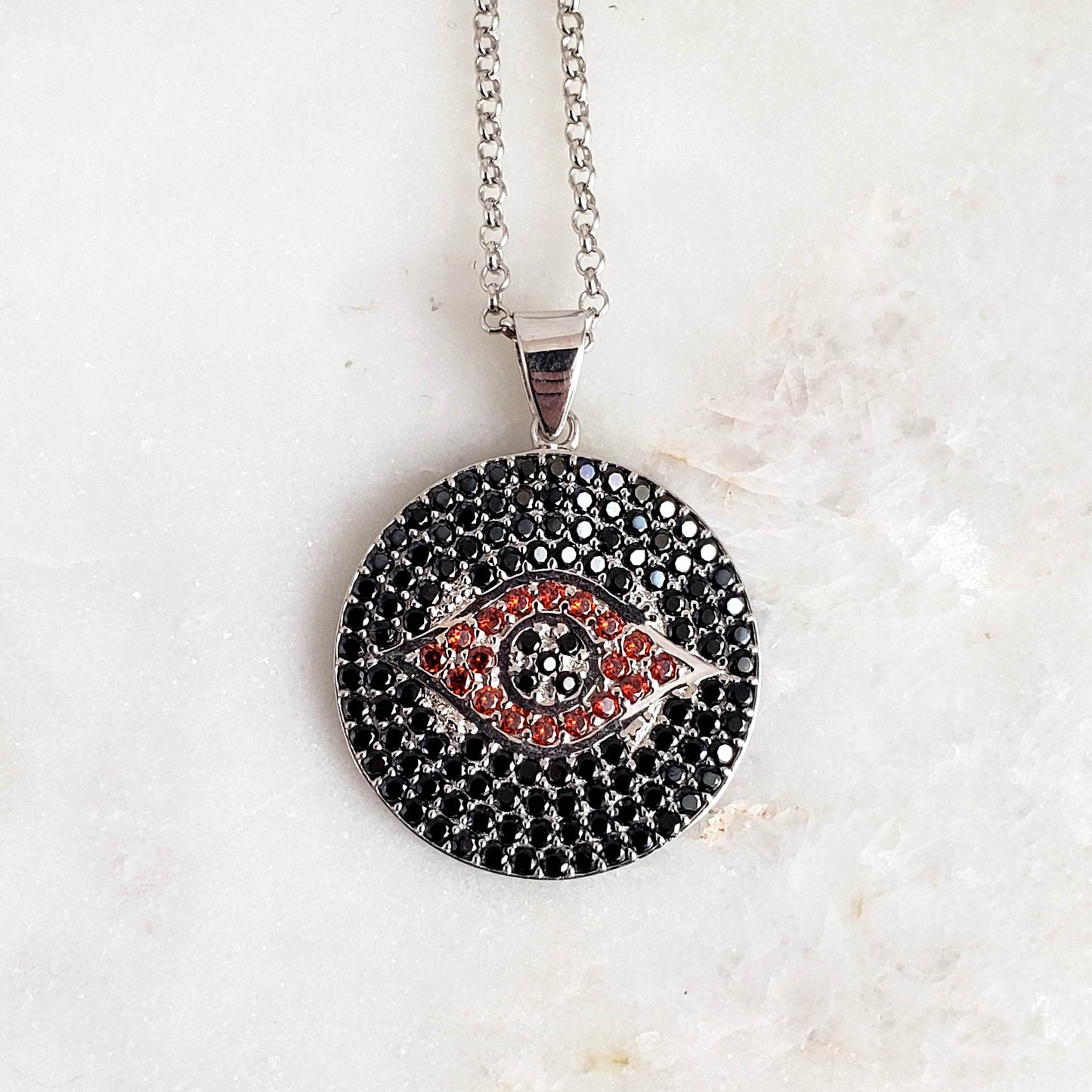 Sterling Silver Protective Evil Eye Medallion Gemstone Pendant Necklace - TurkishBling