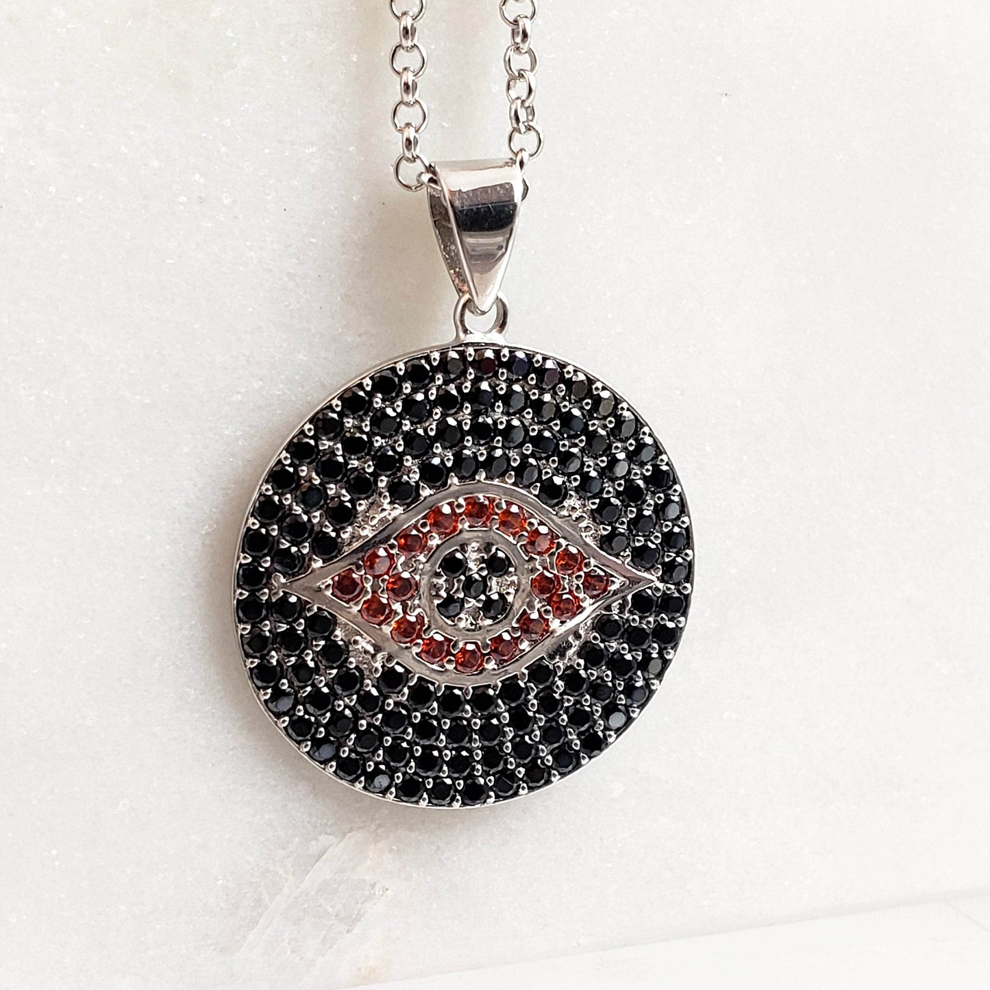 Sterling Silver Protective Evil Eye Medallion Gemstone Pendant Necklace - TurkishBling