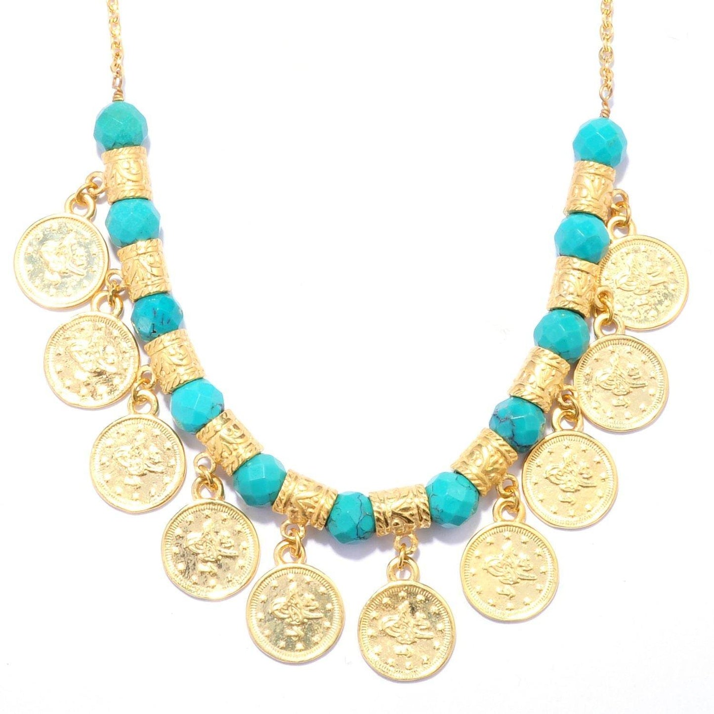 Coin Charm Necklace with Gemstone Beads - Gold Turkish-Inspired Necklace, Multiple Gemstone Options - TurkishBling