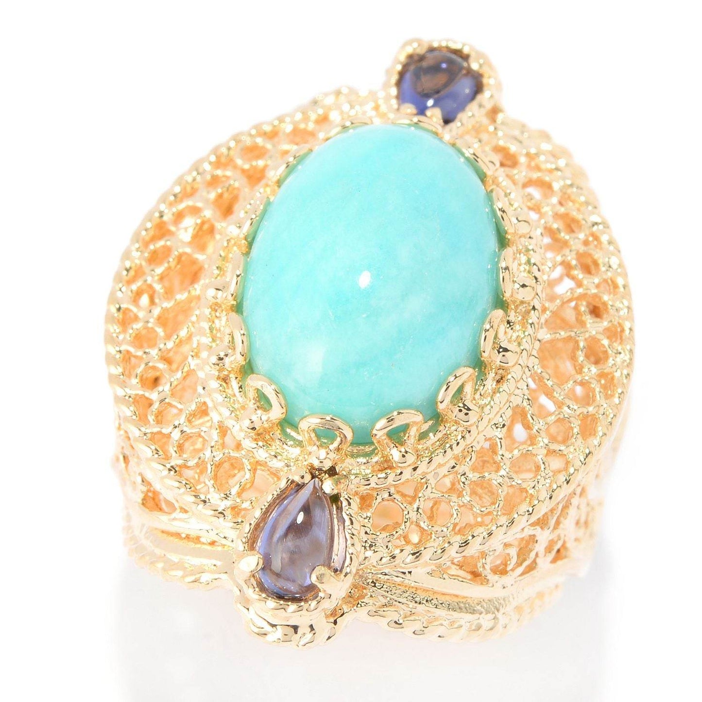Filigree Genuine Amazonite and Amethyst Gemstone Ring - TurkishBling