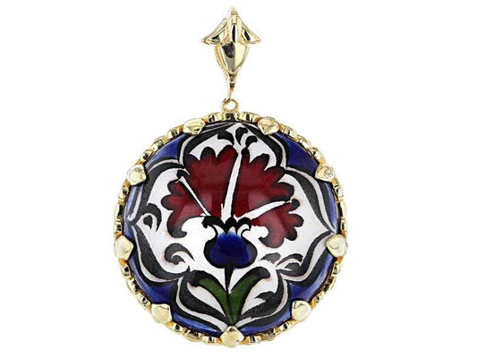 Floral Ceramic Pendant – Hand-Painted Design in 18k Gold over Bronze - TurkishBling