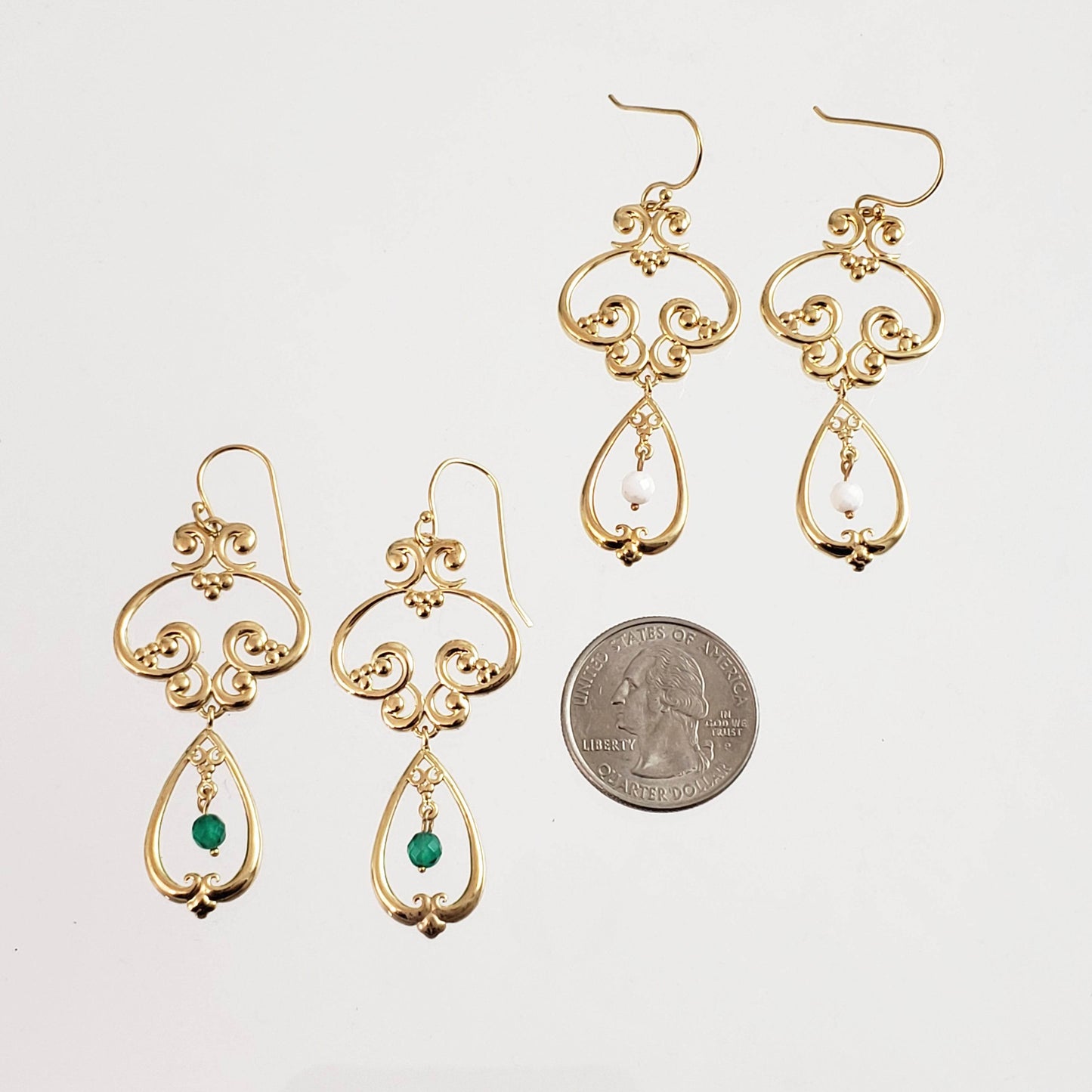Scrollwork Vintage Style Drop Earrings White or Green Agate - TurkishBling
