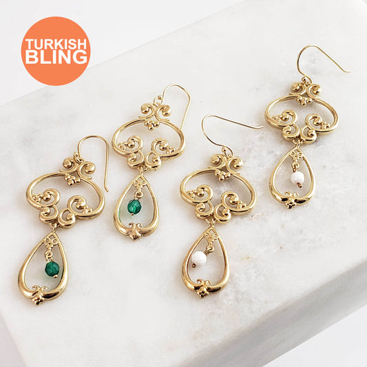 Scrollwork Vintage Style Drop Earrings White or Green Agate - TurkishBling