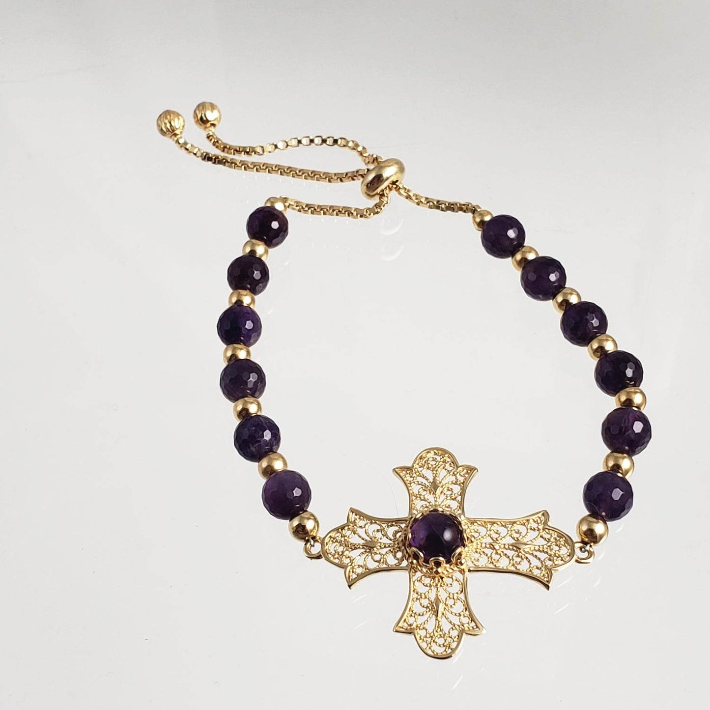 Gold Plated Amethyst Bead Cross Bracelet - TurkishBling