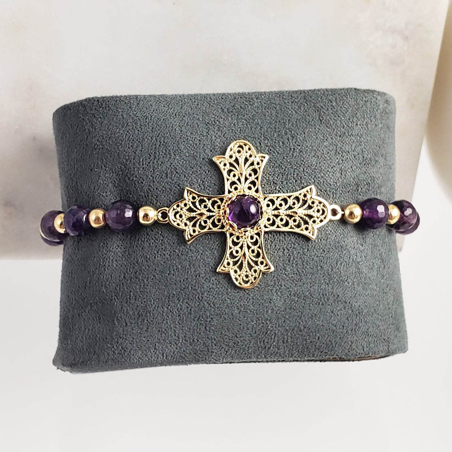 Gold Plated Amethyst Bead Cross Bracelet - TurkishBling