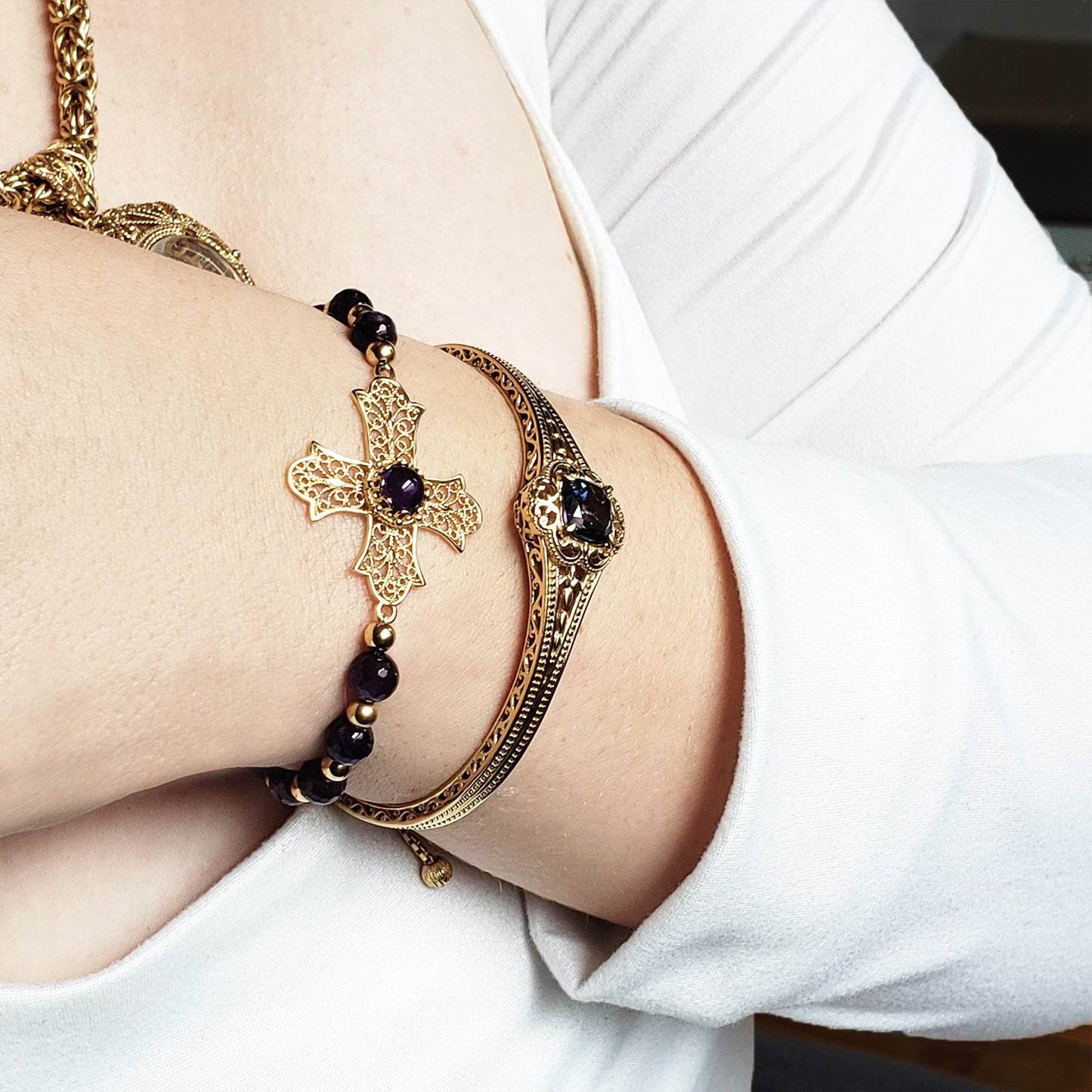 Gold Plated Amethyst Bead Cross Bracelet - TurkishBling