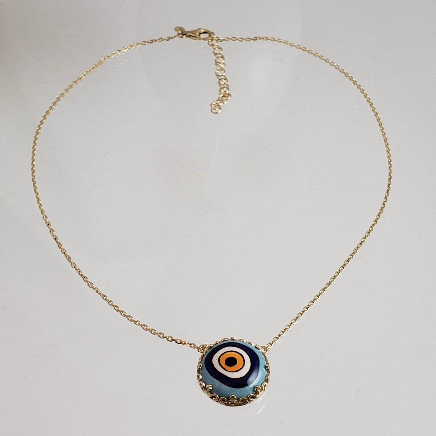 Gold over Silver Hand Painted Ceramic One of a Kind Evil Eye Necklace 18+2 - TurkishBling