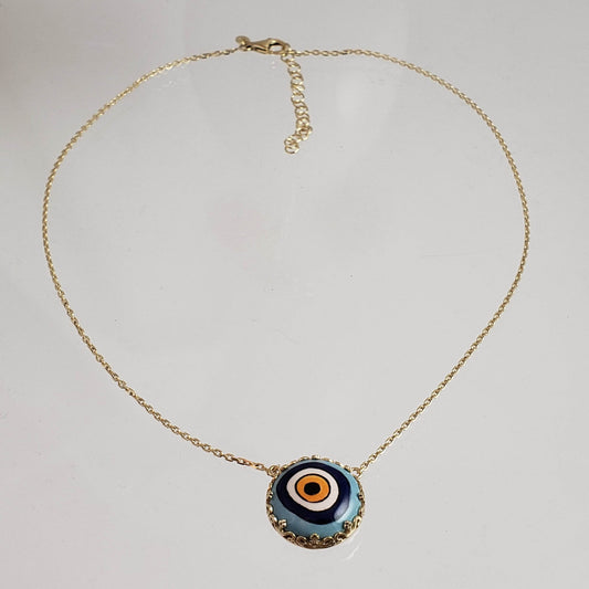 Gold over Silver Hand Painted Ceramic One of a Kind Evil Eye Necklace 18+2 - TurkishBling