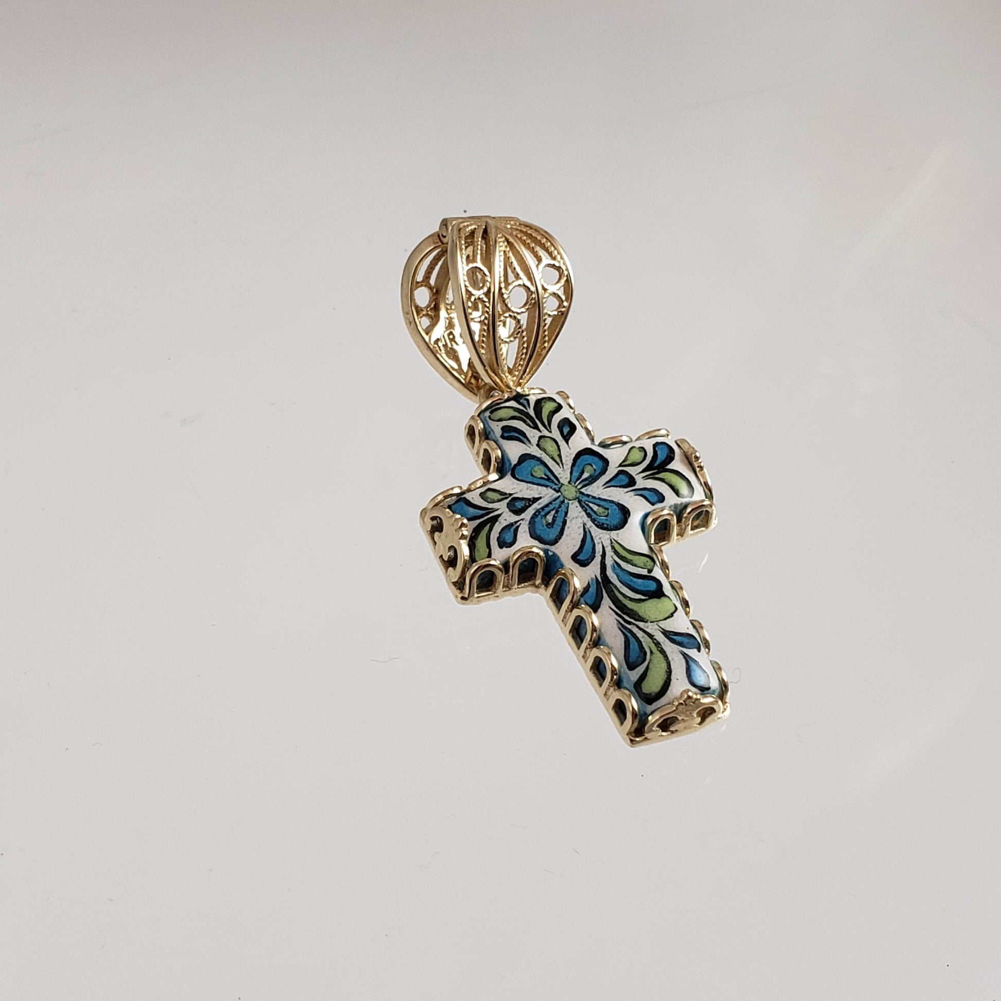 Gold over Sterling Silver Hand Painted Ceramic Cross Enhancer Bail Pendant - TurkishBling