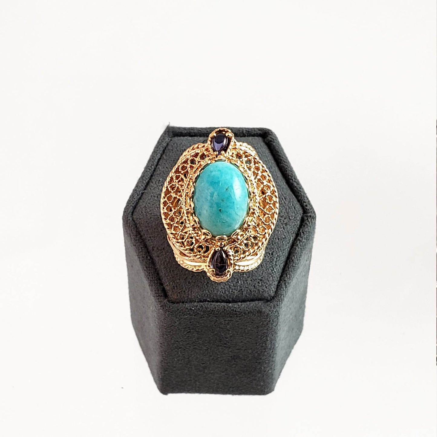 Filigree Genuine Amazonite and Amethyst Gemstone Ring - TurkishBling