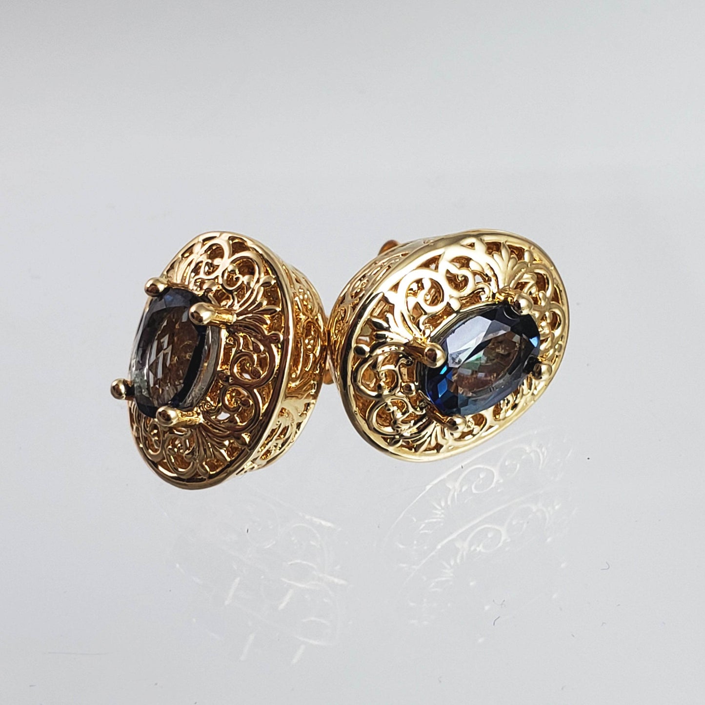 18K Gold Plated Gemstone Oval Stud Earrings - TurkishBling