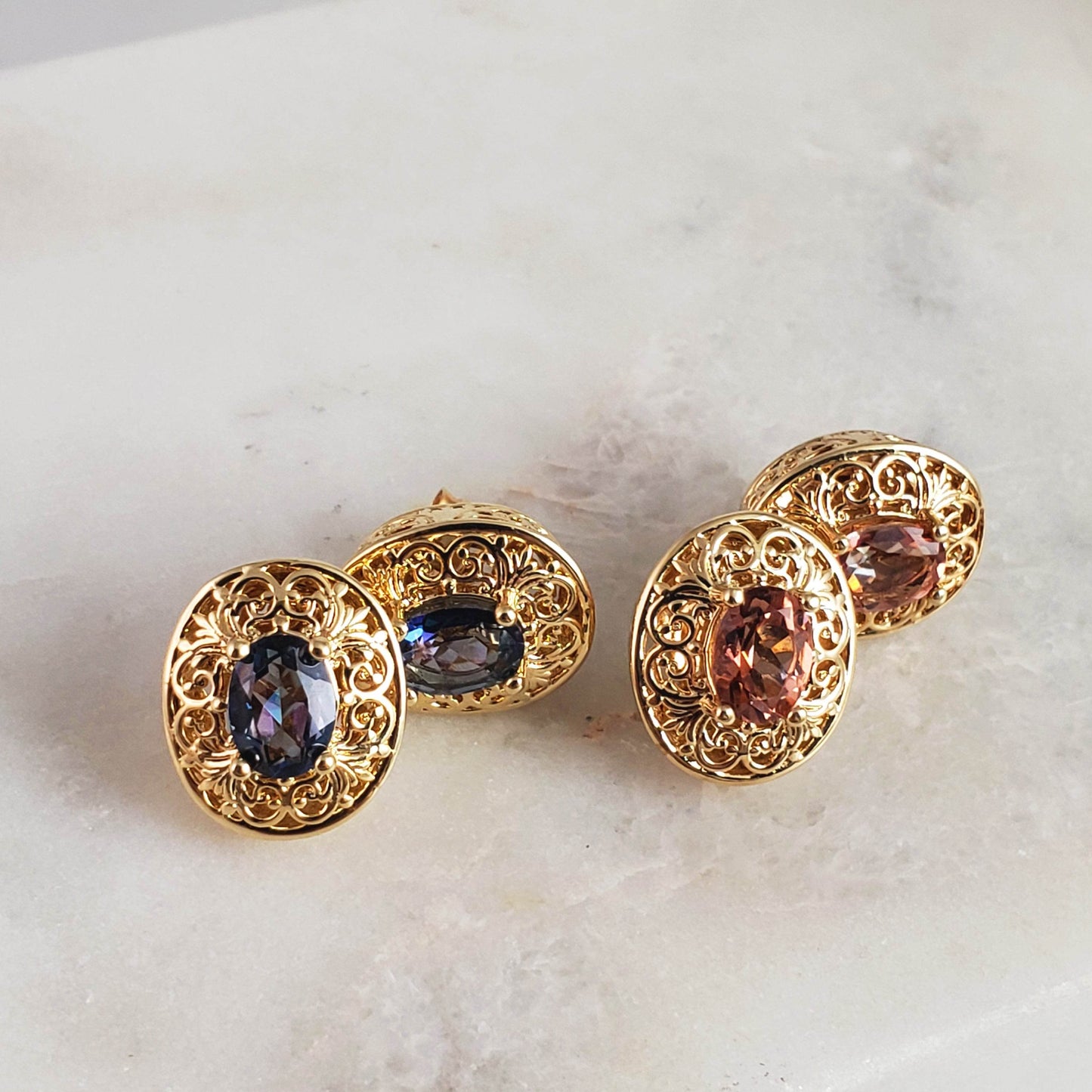 18K Gold Plated Gemstone Oval Stud Earrings - TurkishBling