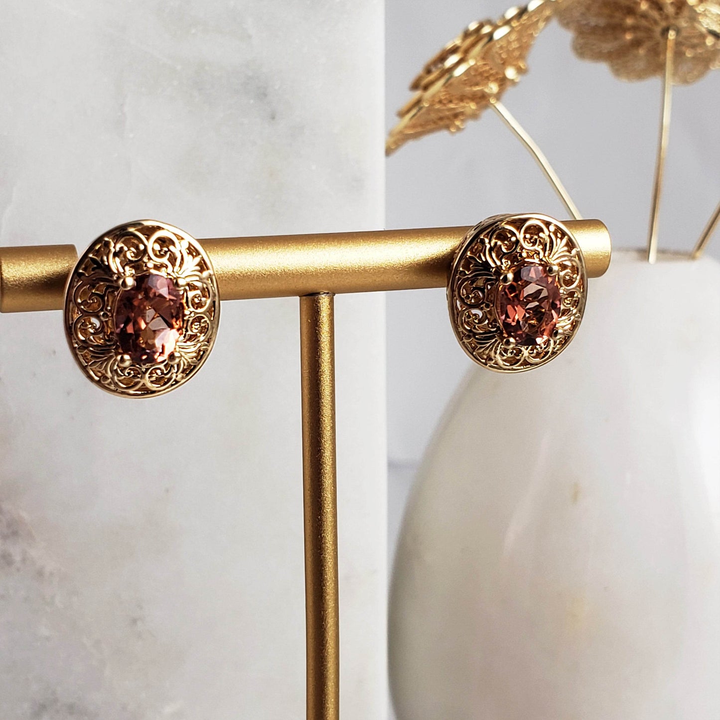 18K Gold Plated Gemstone Oval Stud Earrings - TurkishBling