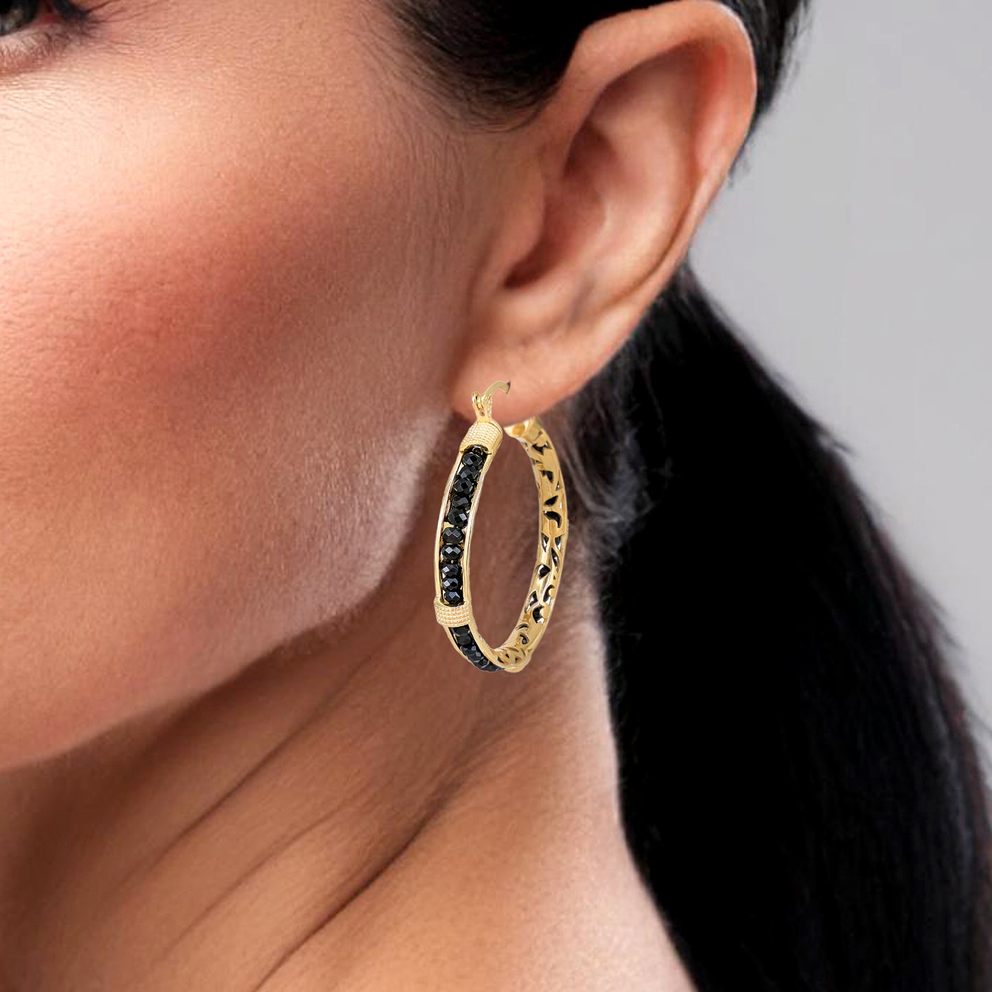 Black Spinel Hoop Earrings Gemstone Beads Embraced in Gold Scrollwork
