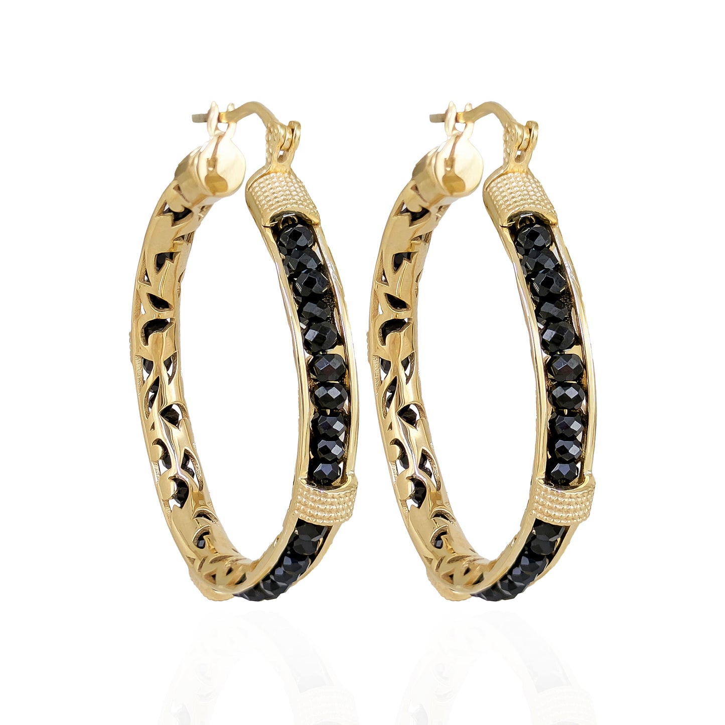 Black Spinel Hoop Earrings Gemstone Beads Embraced in Gold Scrollwork