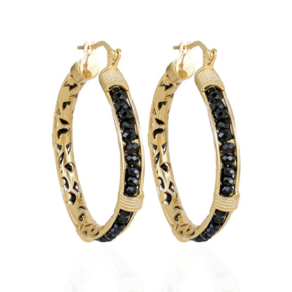 Black Spinel Hoop Earrings Gemstone Beads Embraced in Gold Scrollwork
