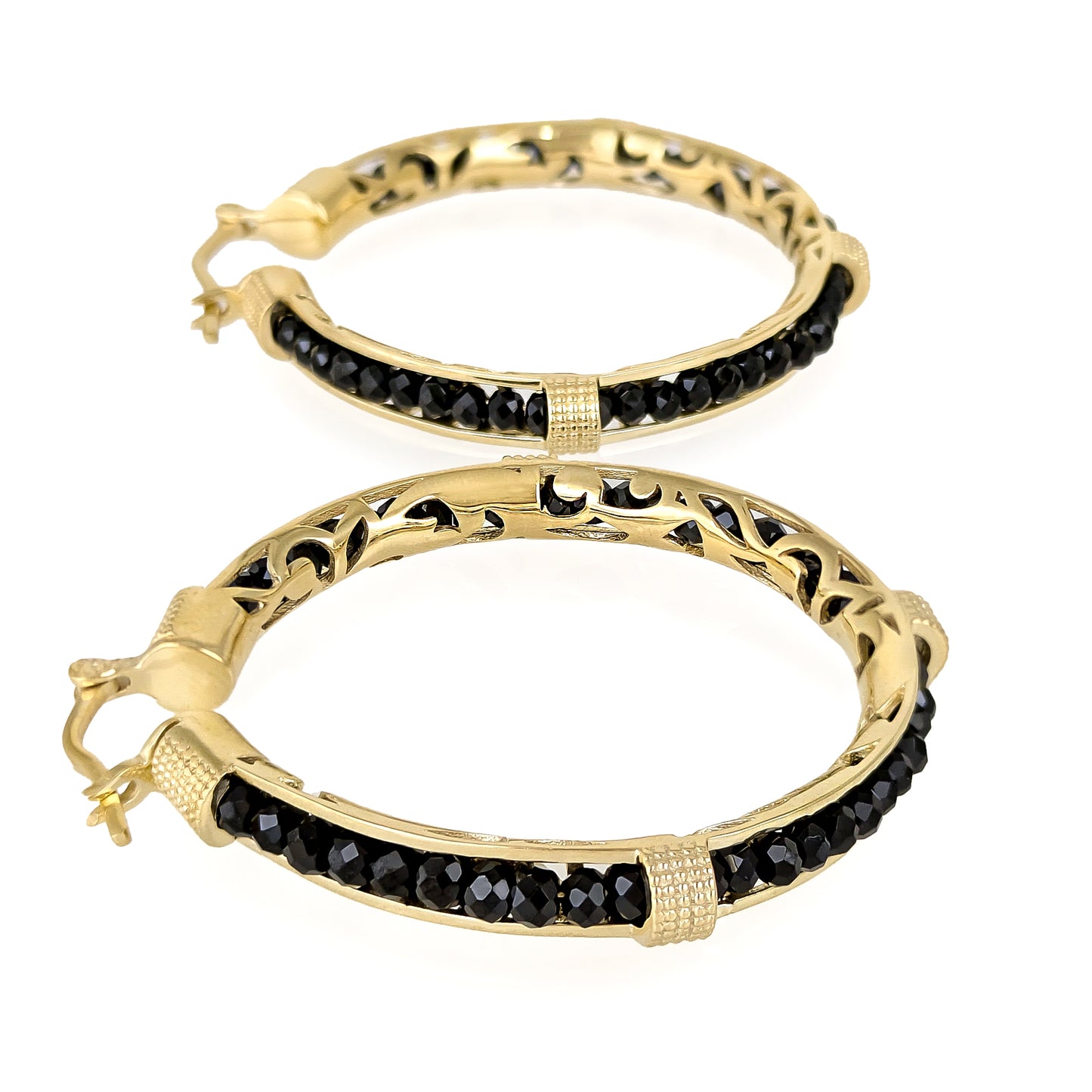 Black Spinel Hoop Earrings Gemstone Beads Embraced in Gold Scrollwork