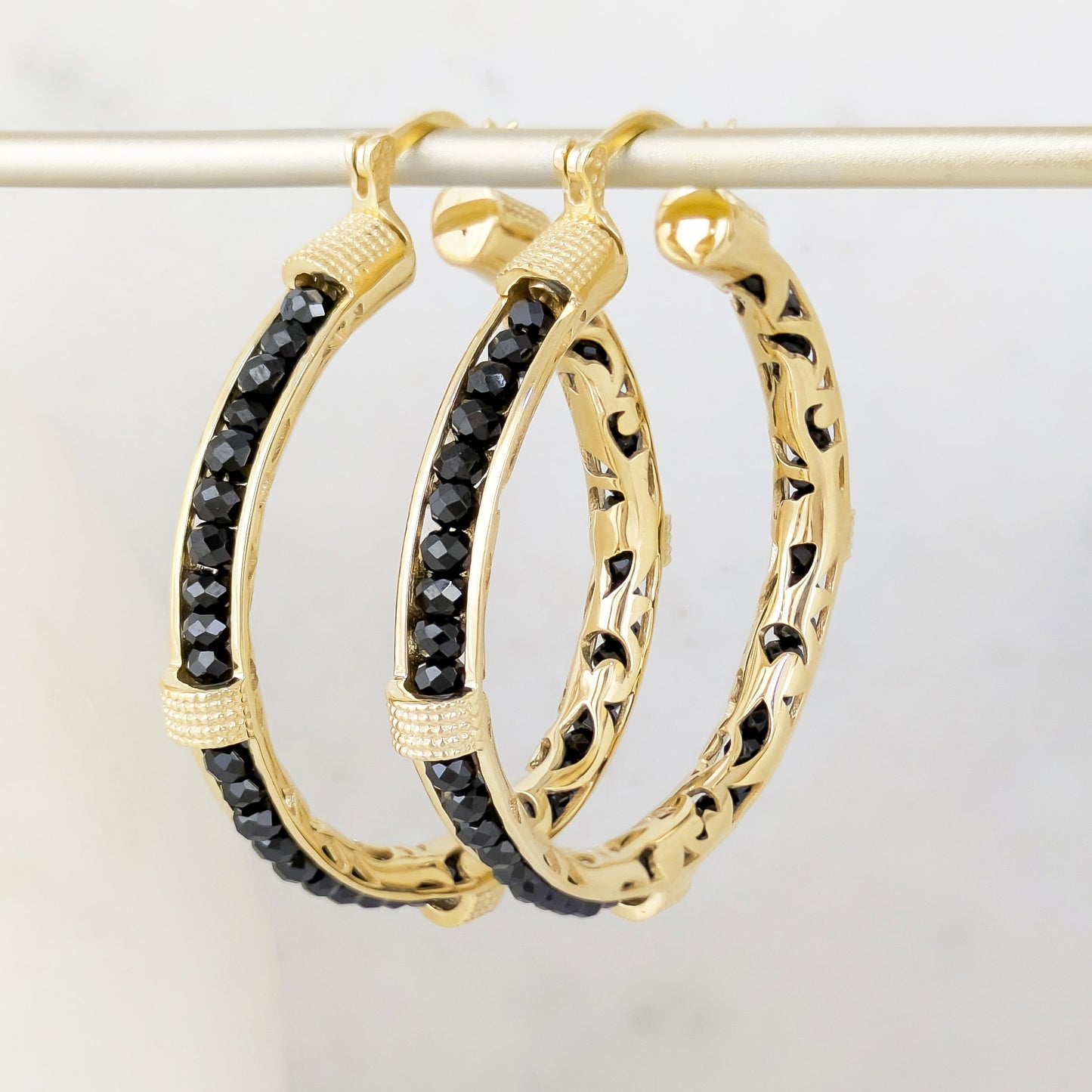 Black Spinel Hoop Earrings Gemstone Beads Embraced in Gold Scrollwork