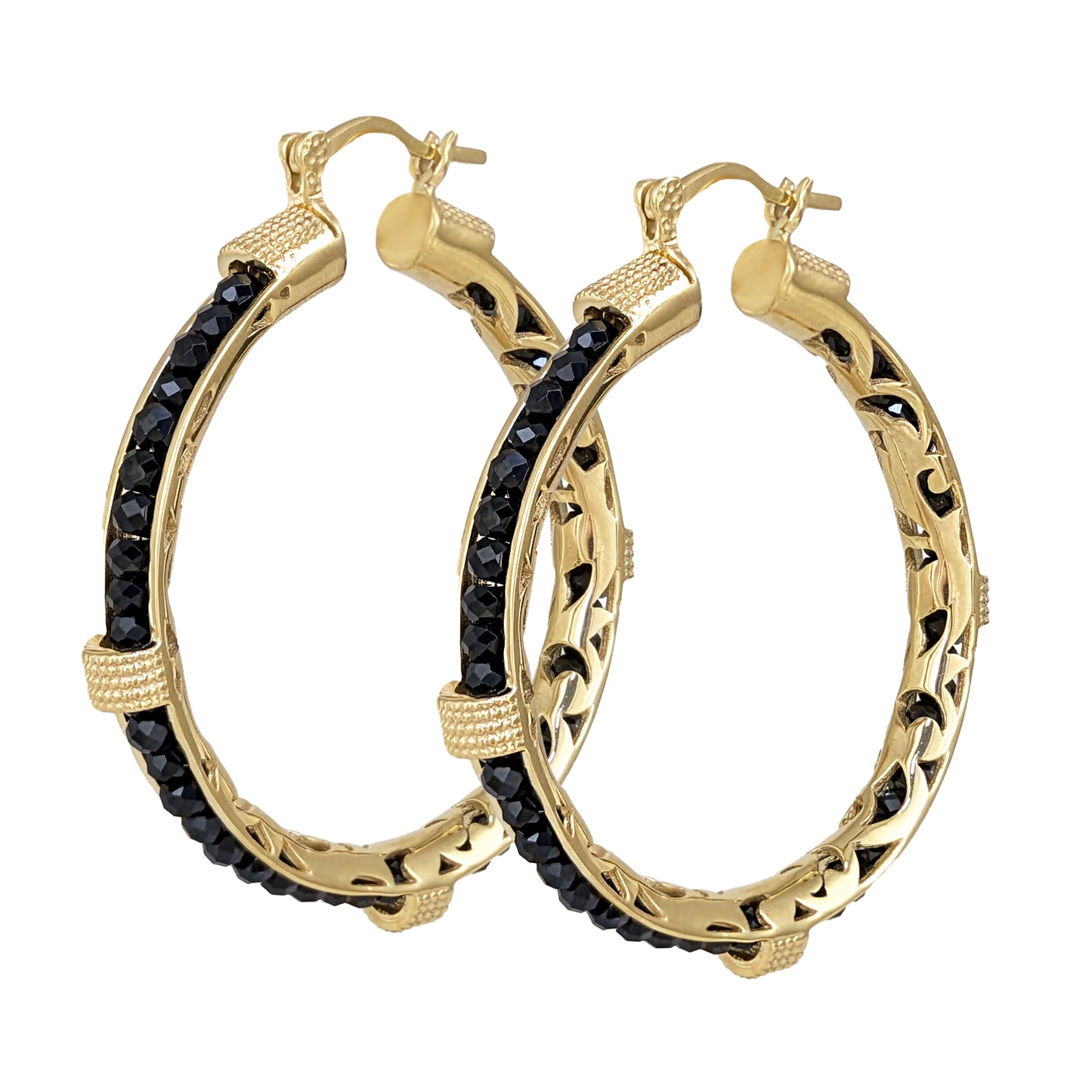 Black Spinel Hoop Earrings Gemstone Beads Embraced in Gold Scrollwork