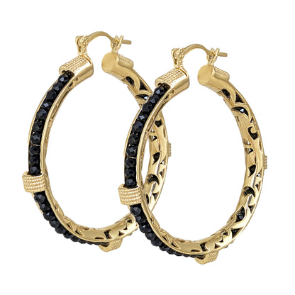 Black Spinel Hoop Earrings Gemstone Beads Embraced in Gold Scrollwork
