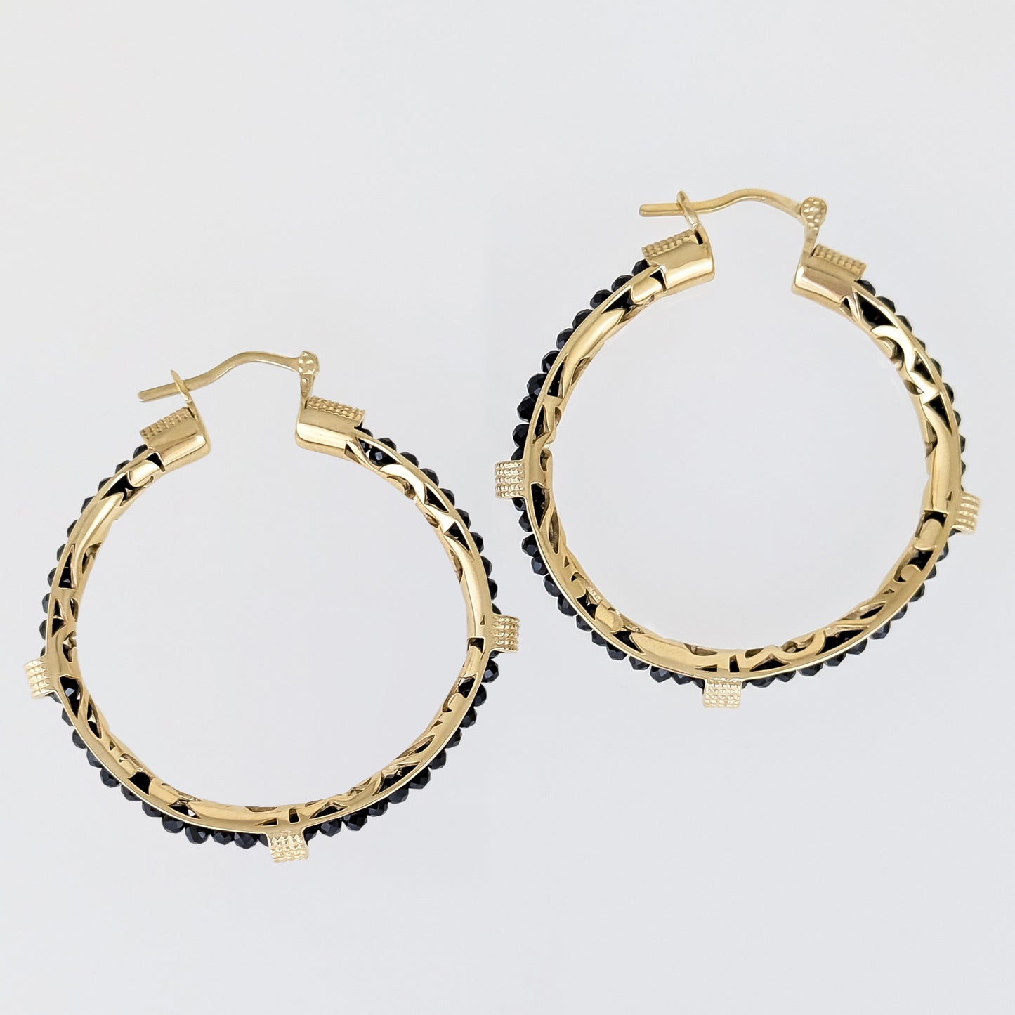 Black Spinel Hoop Earrings Gemstone Beads Embraced in Gold Scrollwork