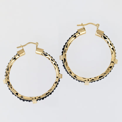 Black Spinel Hoop Earrings Gemstone Beads Embraced in Gold Scrollwork