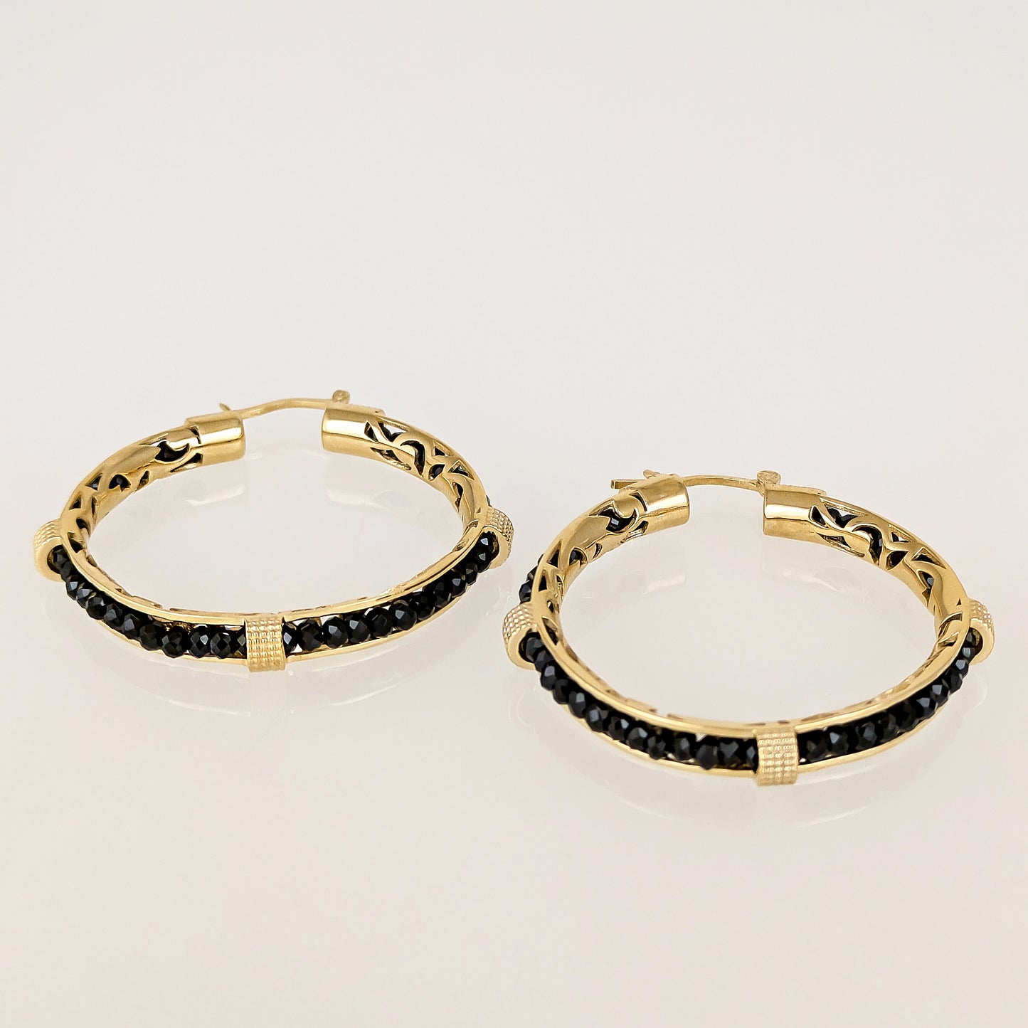 Black Spinel Hoop Earrings Gemstone Beads Embraced in Gold Scrollwork