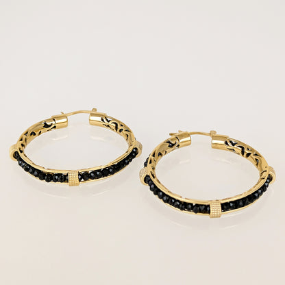Black Spinel Hoop Earrings Gemstone Beads Embraced in Gold Scrollwork