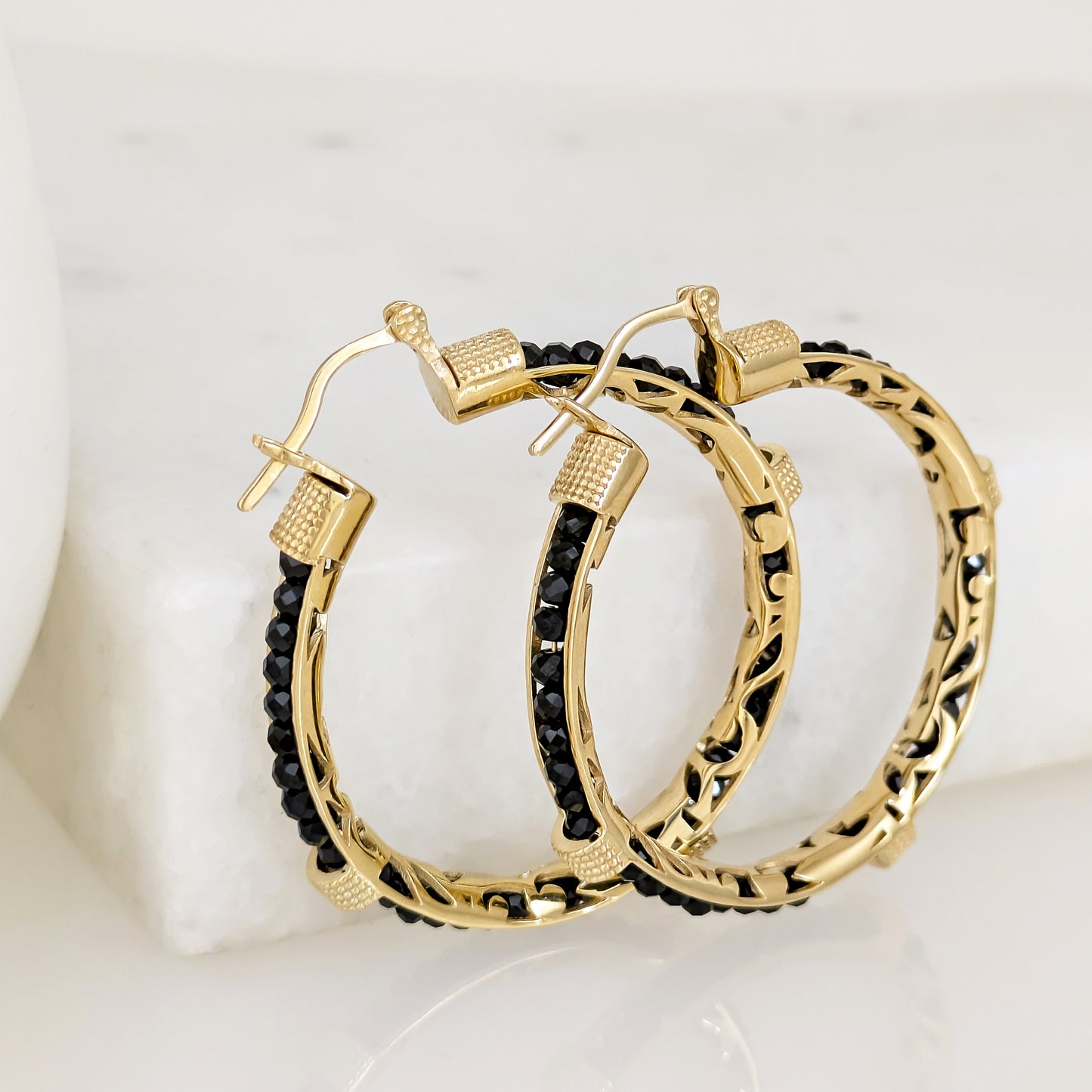 Black Spinel Hoop Earrings Gemstone Beads Embraced in Gold Scrollwork
