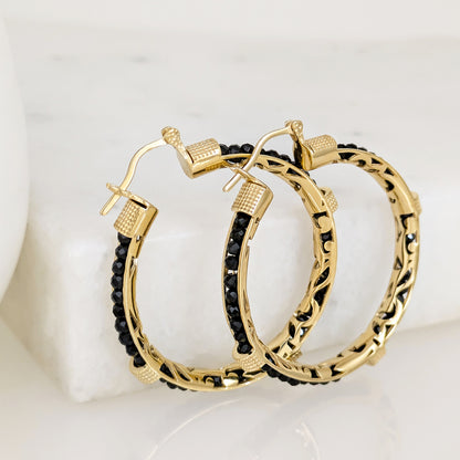 Black Spinel Hoop Earrings Gemstone Beads Embraced in Gold Scrollwork