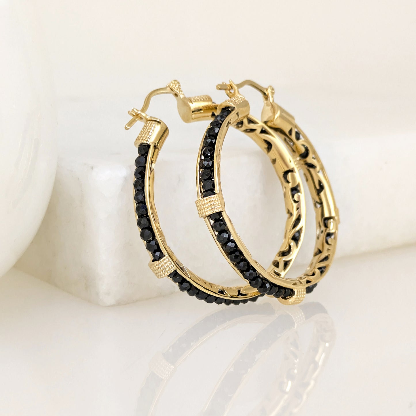 Black Spinel Hoop Earrings Gemstone Beads Embraced in Gold Scrollwork