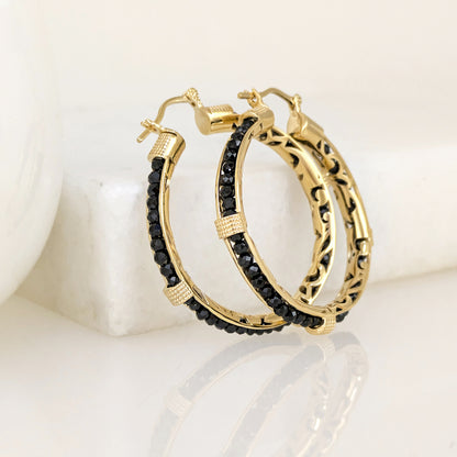Black Spinel Hoop Earrings Gemstone Beads Embraced in Gold Scrollwork